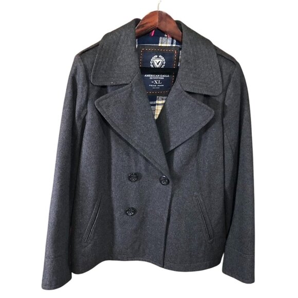 American Eagle Outfitters Mens Peacoat XL Double Breasted Plaid Quilted Gray - Picture 1 of 16